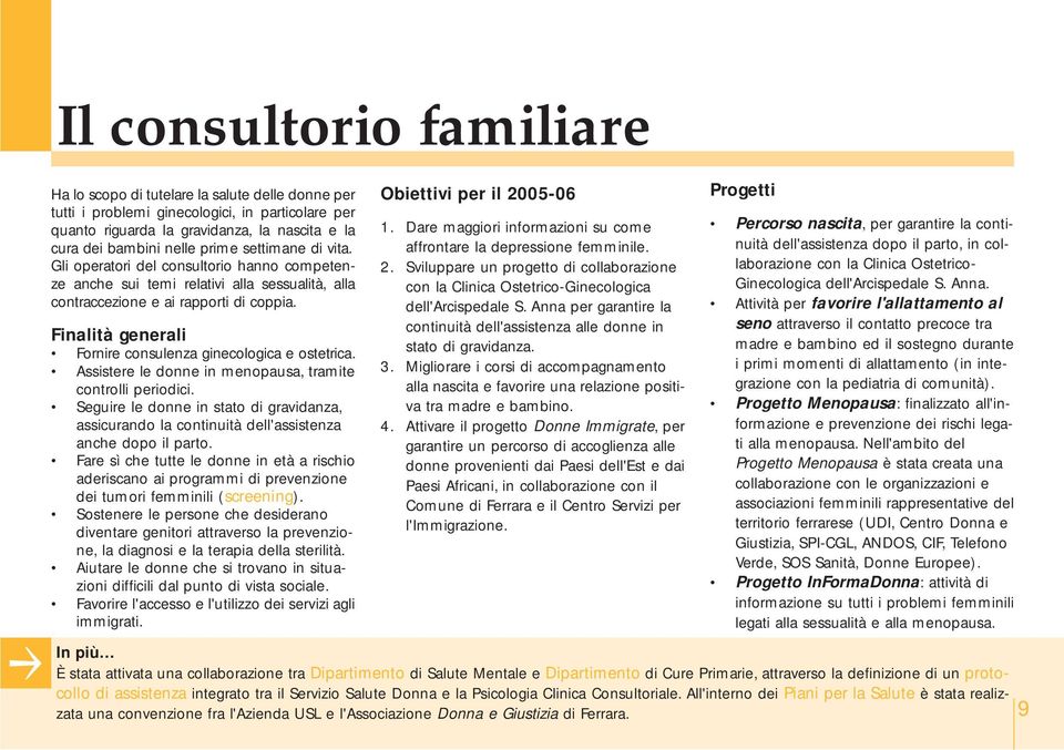 Finalità generali Fornire consulenza ginecologica e ostetrica. Assistere le donne in menopausa, tramite controlli periodici.