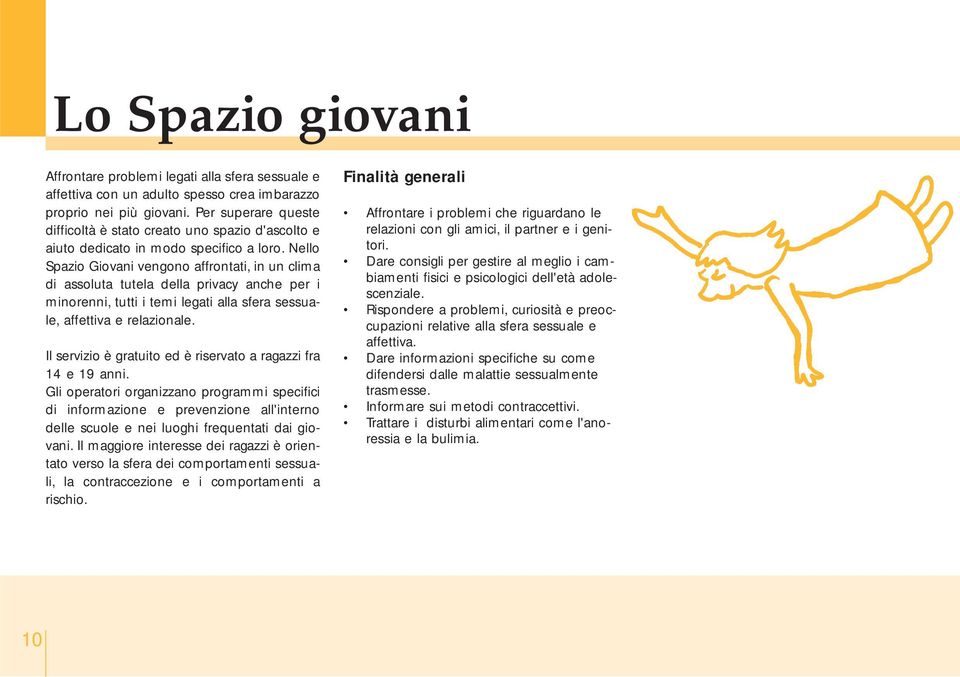 Nello Spazio Giovani vengono affrontati, in un clima di assoluta tutela della privacy anche per i minorenni, tutti i temi legati alla sfera sessuale, affettiva e relazionale.