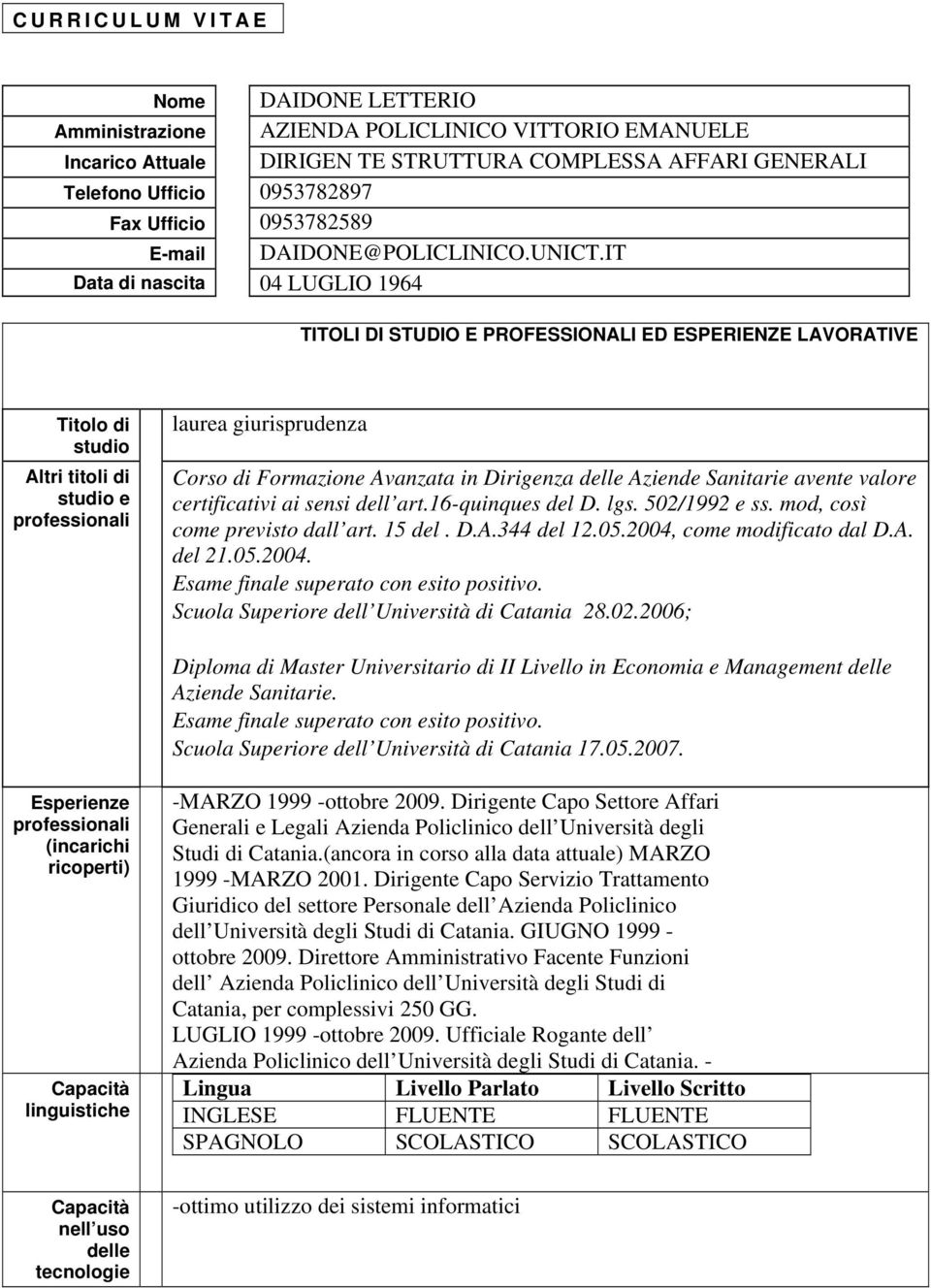 IT Data di nascita 04 LUGLIO 1964 TITOLI DI STUDIO E PROFESSIONALI ED ESPERIENZE LAVORATIVE Titolo di studio Altri titoli di studio e professionali laurea giurisprudenza Corso di Formazione Avanzata