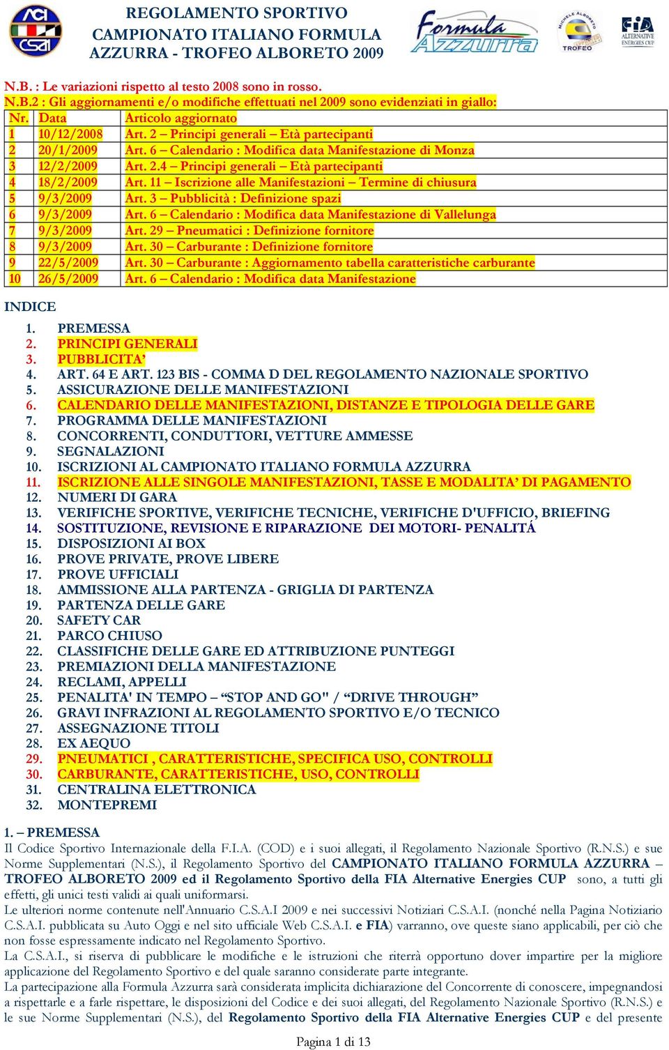 11 Iscrizione alle Manifestazioni Termine di chiusura 5 9/3/2009 Art. 3 Pubblicità : Definizione spazi 6 9/3/2009 Art. 6 Calendario : Modifica data Manifestazione di Vallelunga 7 9/3/2009 Art.