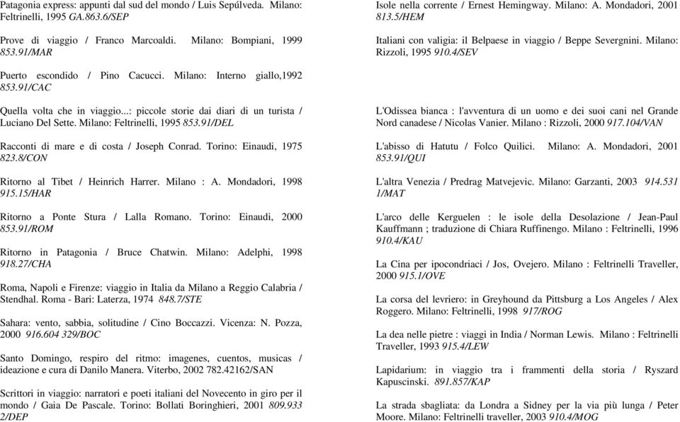 4/SEV Puerto escondido / Pino Cacucci. Milano: Interno giallo,1992 853.91/CAC Quella volta che in viaggio...: piccole storie dai diari di un turista / Luciano Del Sette. Milano: Feltrinelli, 1995 853.