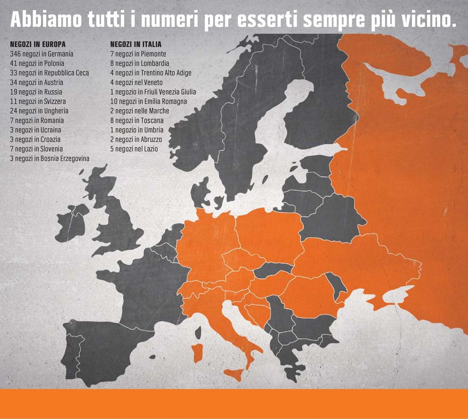 24 negozi in Ungheria 7 negozi in Romania 3 negozi in Ucraina 3 negozi in Croazia 7 negozi in Slovenia 3 negozi in Bosnia Erzegovina NEGOZI IN ITALIA 7