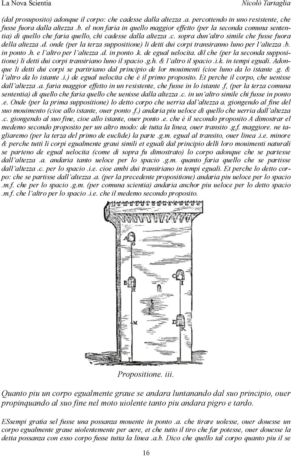 b. in ponto.h. e l altro per l altezza.d. in ponto.k. de egual uelocita. dil che (per la seconda suppositione) li detti dui corpi transiriano luno il spacio.g.h. & l altro il spacio.i.k. in tempi eguali.