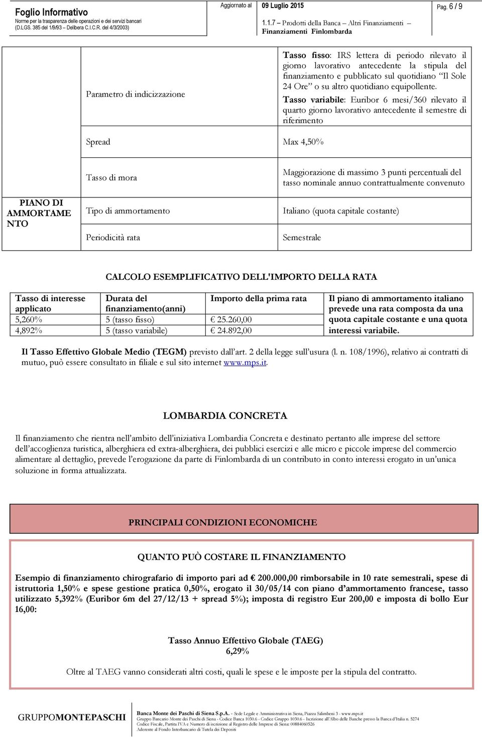 Tasso variabile: Euribor 6 mesi/360 rilevato il quarto giorno lavorativo antecedente il semestre di riferimento Spread Max 4,50% PIANO DI AMMORTAME NTO Tipo di ammortamento Periodicità rata