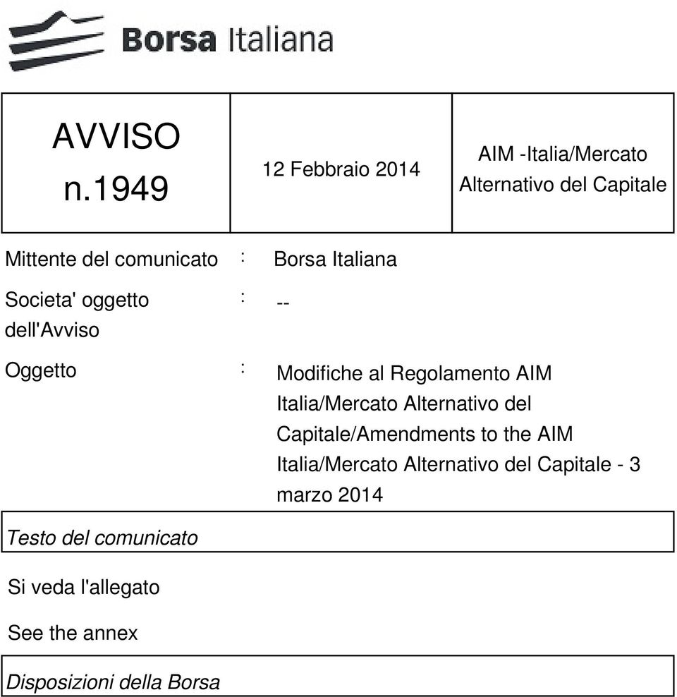 Borsa Italiana Societa' oggetto dell'avviso : -- Oggetto : Modifiche al Regolamento AIM