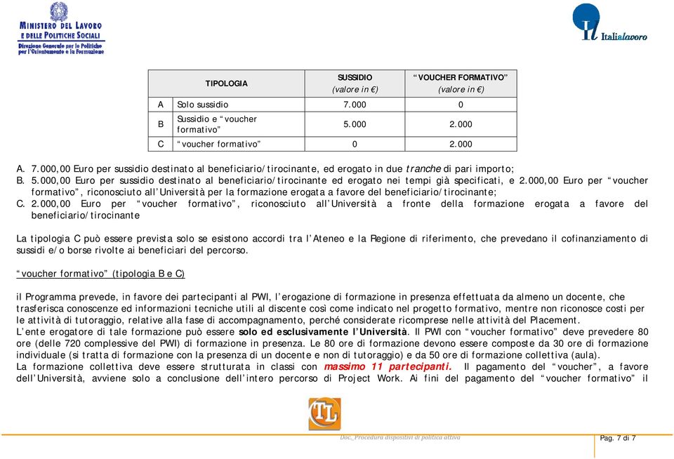 000,00 Euro per voucher formativo, riconosciuto all Università per la formazione erogata a favore del beneficiario/tirocinante; C. 2.