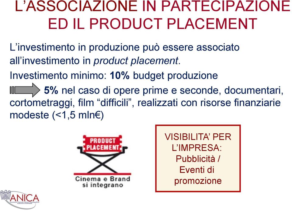 Investimento minimo: 10% budget produzione 5% nel caso di opere prime e seconde, documentari,