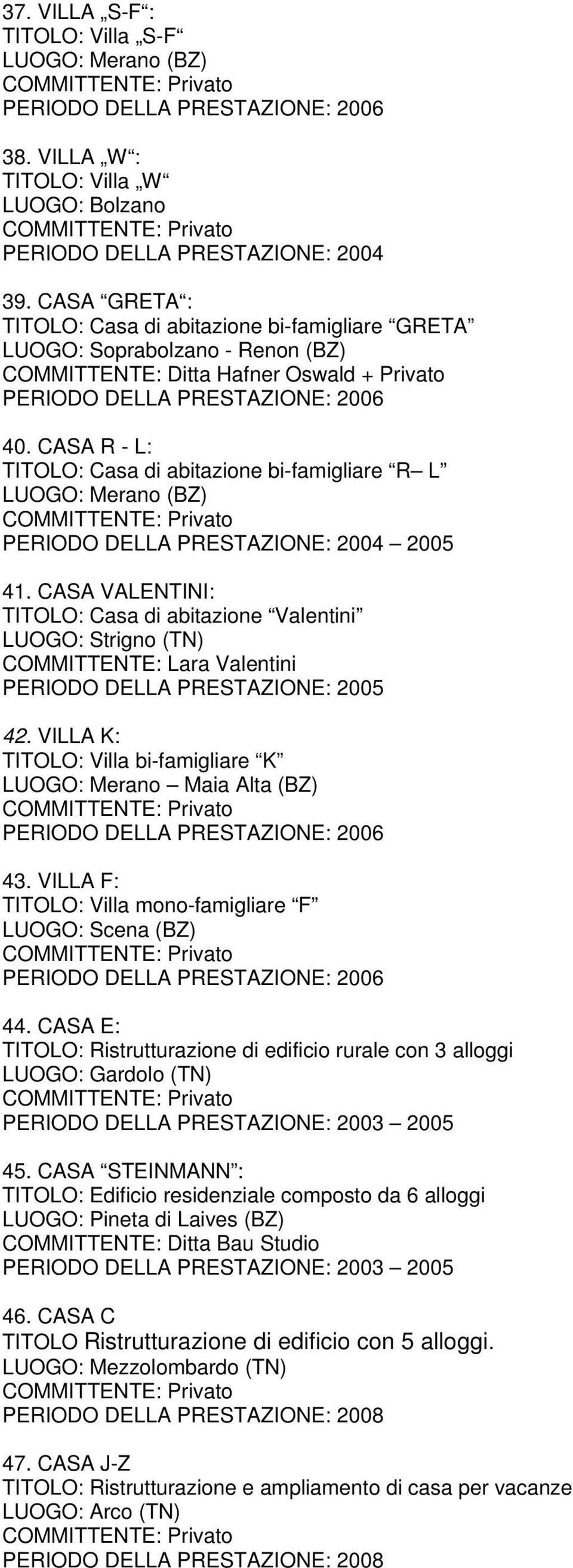 CASA R - L: TITOLO: Casa di abitazione bi-famigliare R L LUOGO: Merano (BZ) 2005 41. CASA VALENTINI: TITOLO: Casa di abitazione Valentini LUOGO: Strigno (TN) COMMITTENTE: Lara Valentini 42.