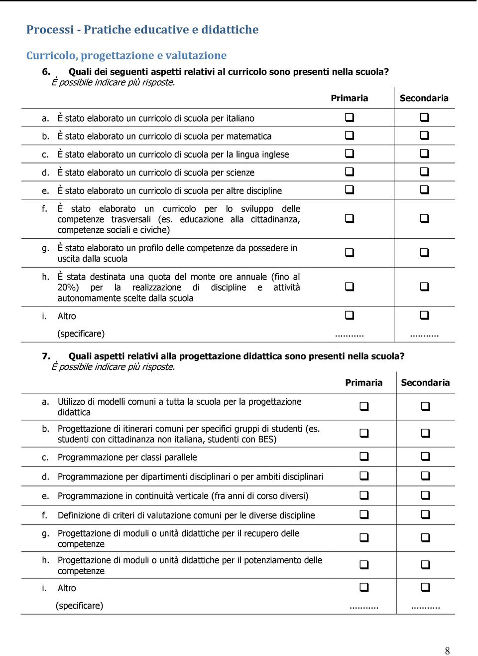 È stato elaborato un curricolo di scuola per la lingua inglese d. È stato elaborato un curricolo di scuola per scienze e. È stato elaborato un curricolo di scuola per altre discipline f.