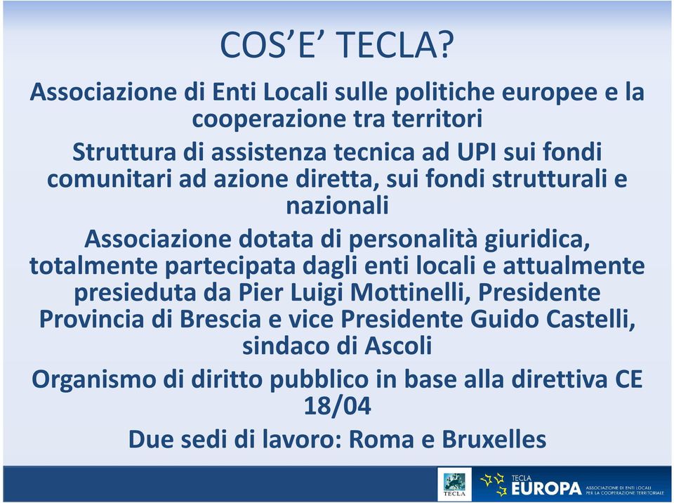 comunitari ad azione diretta, sui fondi strutturali e nazionali Associazione dotata di personalità giuridica, totalmente partecipata