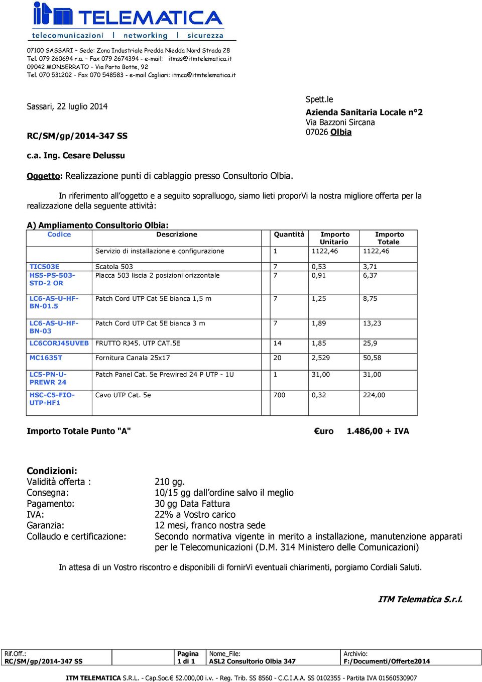 Cesare Delussu Oggetto: Realizzazione punti di cablaggio presso Consultorio Olbia.