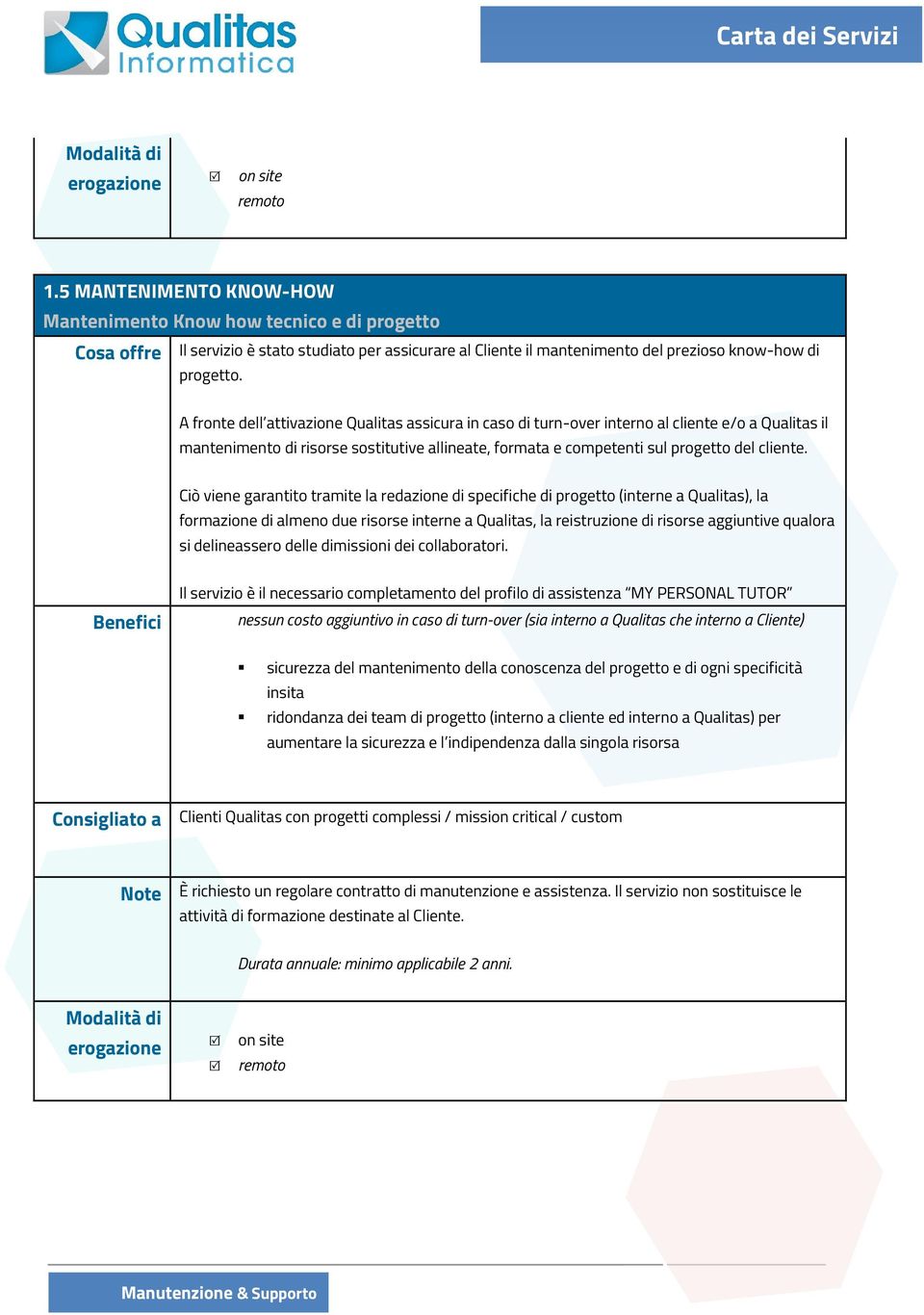 Ciò viene garantito tramite la redazione di specifiche di progetto (interne a Qualitas), la formazione di almeno due risorse interne a Qualitas, la reistruzione di risorse aggiuntive qualora si