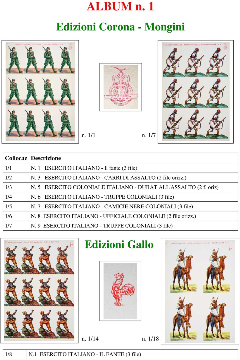 6 ESERCITO ITALIANO - TRUPPE COLONIALI (3 file) 1/5 N. 7 ESERCITO ITALIANO - CAMICIE NERE COLONIALI (3 file) 1/6 N.