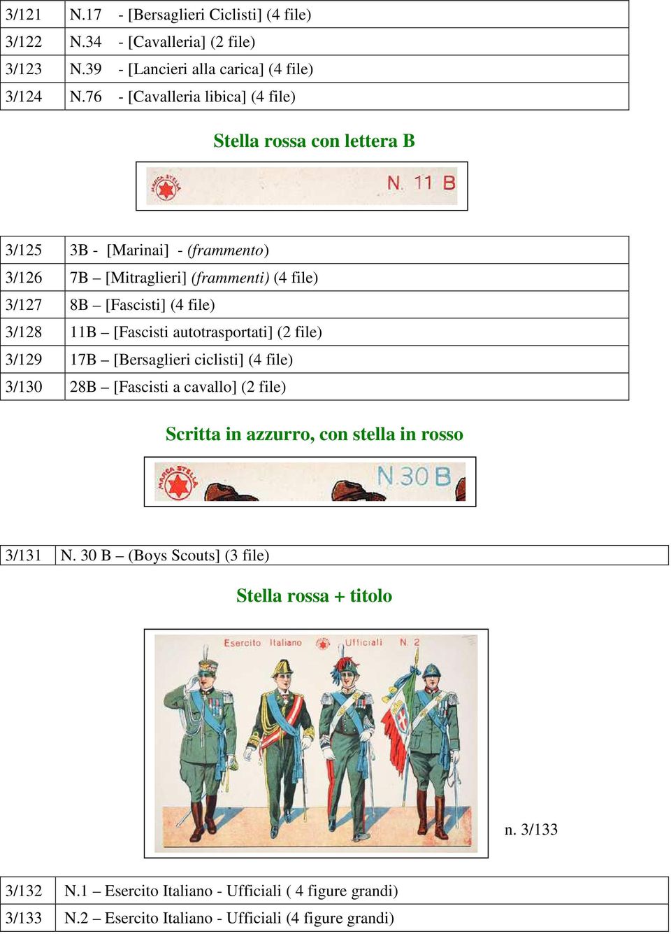 file) 3/128 11B [Fascisti autotrasportati] (2 file) 3/129 17B [Bersaglieri ciclisti] (4 file) 3/130 28B [Fascisti a cavallo] (2 file) Scritta in azzurro, con