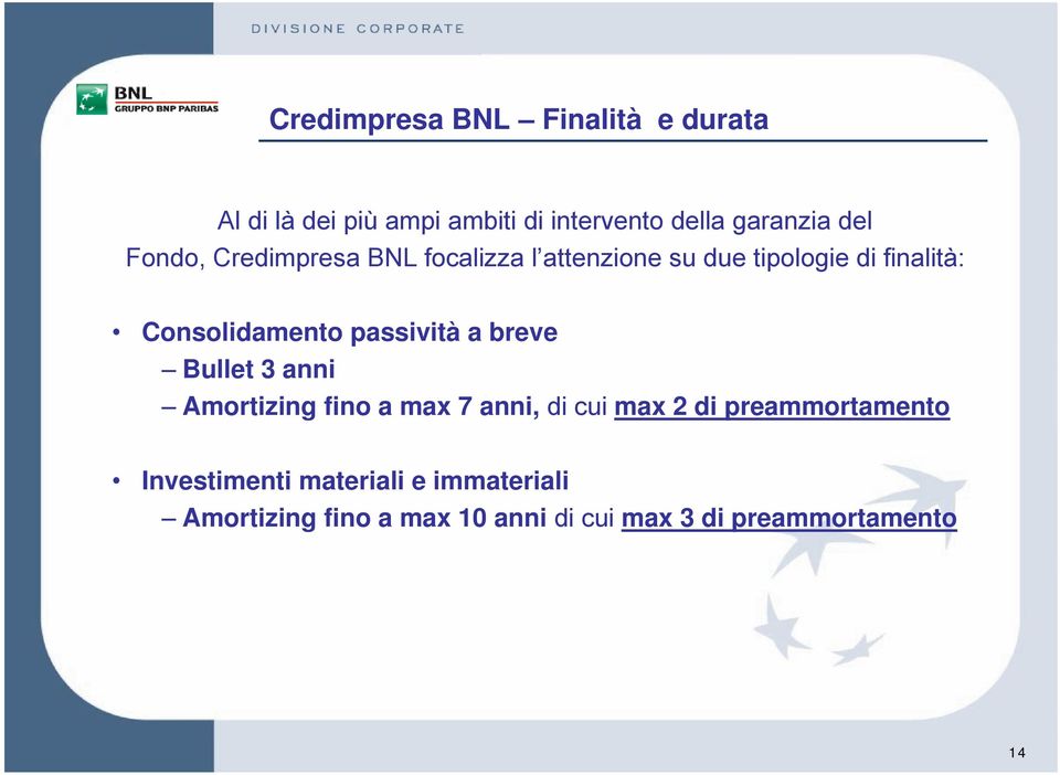 passività a breve Bullet 3 anni Amortizing fino a max 7 anni, di cui max 2 di preammortamento