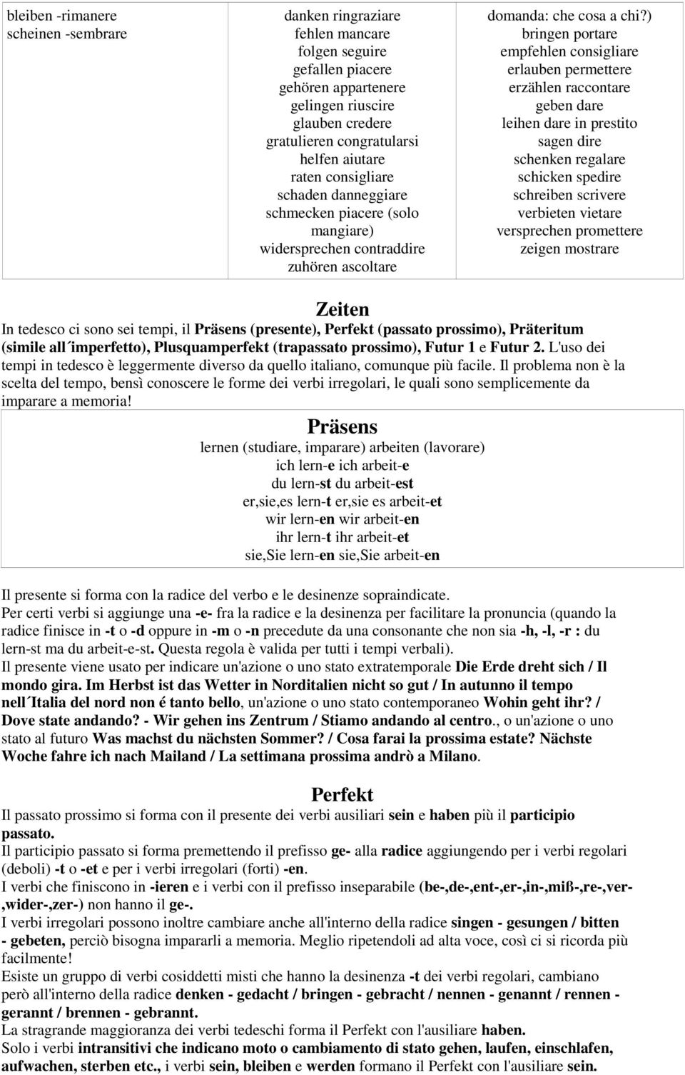 ) bringen portare empfehlen consigliare erlauben permettere erzählen raccontare geben dare leihen dare in prestito sagen dire schenken regalare schicken spedire schreiben scrivere verbieten vietare