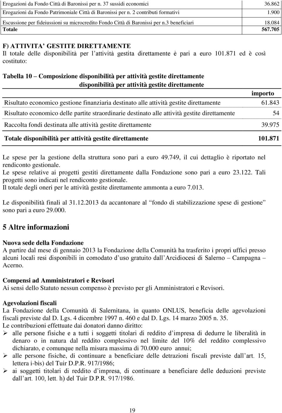 705 F) ATTIVITA GESTITE DIRETTAMENTE Il totale delle disponibilità per l attività gestita direttamente è pari a euro 101.