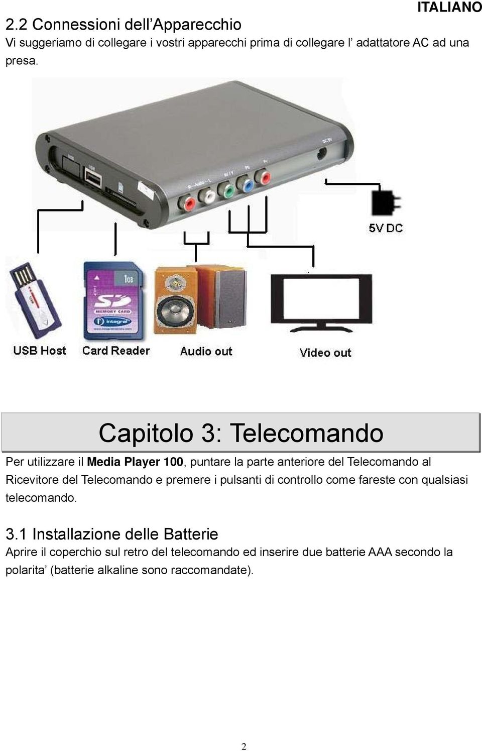 Capitolo 3: Telecomando Per utilizzare il Media Player 100, puntare la parte anteriore del Telecomando al Ricevitore del