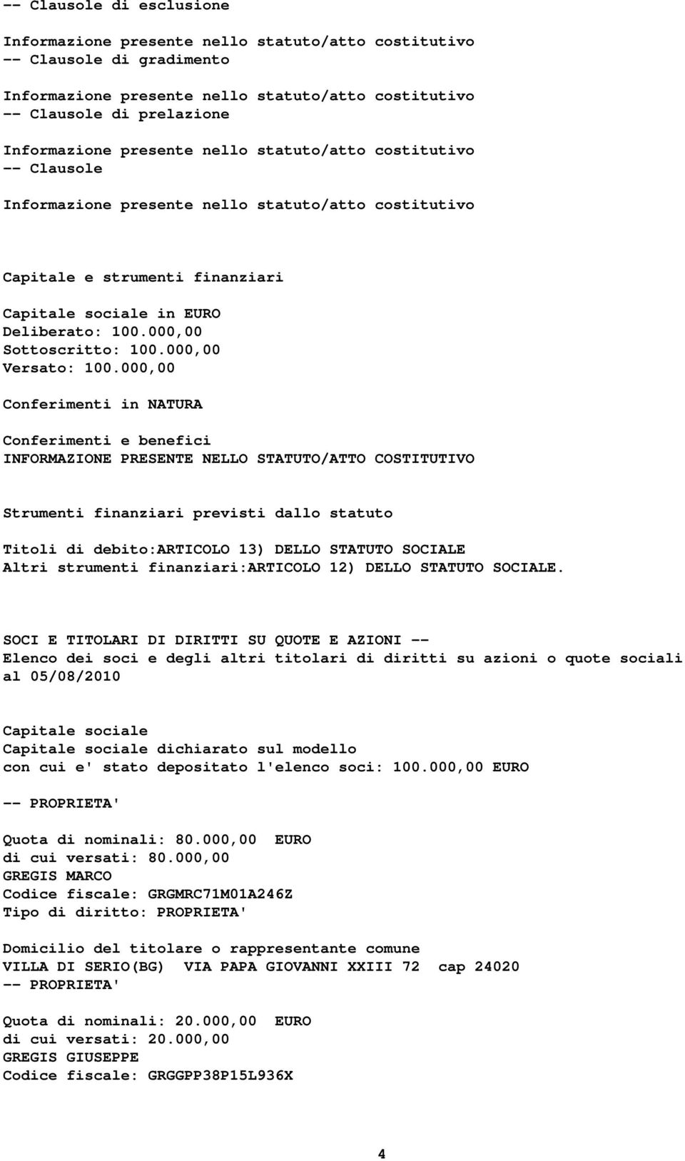 000,00 Conferimenti in NATURA Conferimenti e benefici INFORMAZIONE PRESENTE NELLO STATUTO/ATTO COSTITUTIVO Strumenti finanziari previsti dallo statuto Titoli di debito:articolo 13) DELLO STATUTO