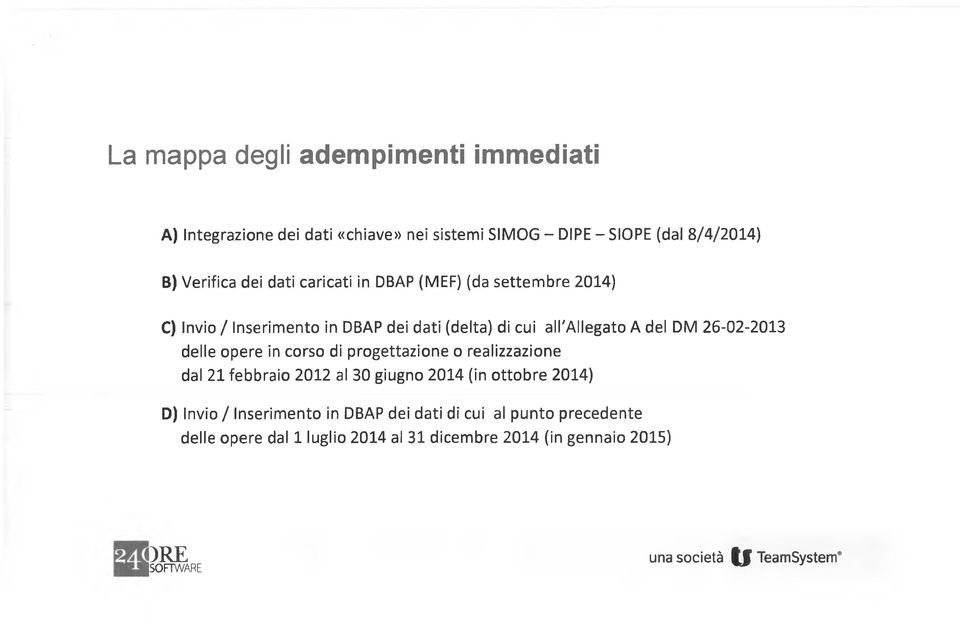 delle opere in corso di progettazione o realizzazione dal 21 febbraio 2012 al 30 giugno 2014 (in ottobre 2014) D) Invio / Inserimento in