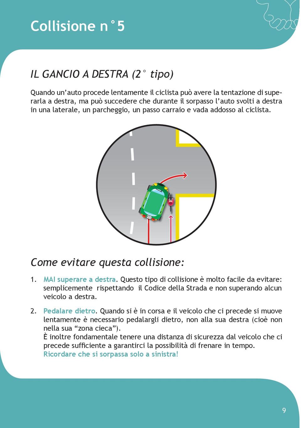 Questo tipo di collisione è molto facile da evitare: semplicemente rispettando il Codice della Strada e non superando alcun veicolo a destra. 2. Pedalare dietro.