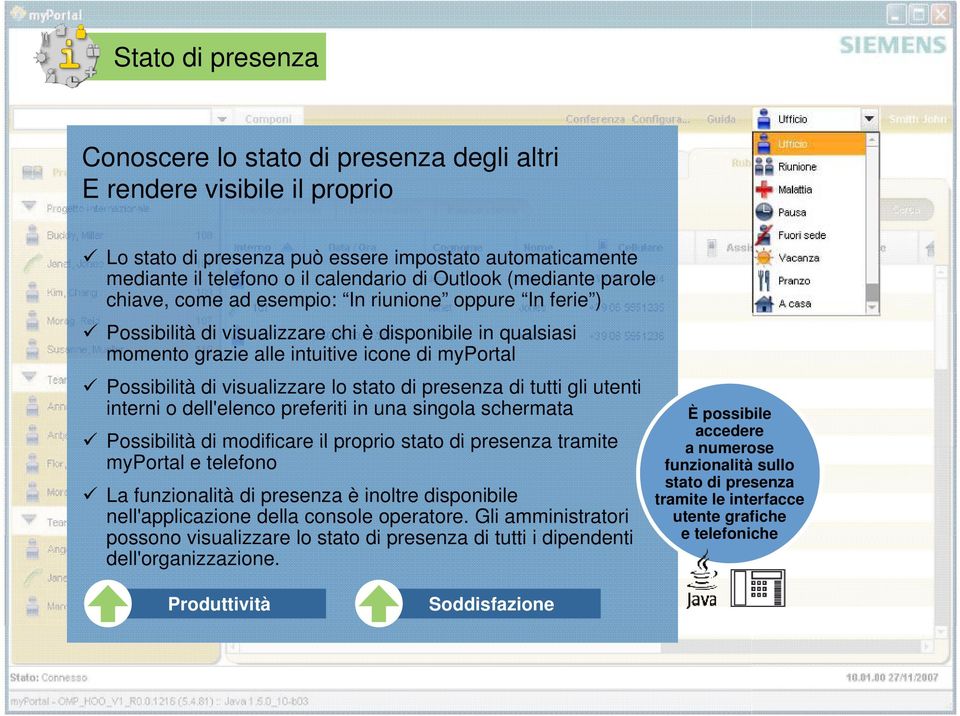 di visualizzare lo stato di presenza di tutti gli utenti interni o dell'elenco preferiti in una singola schermata Possibilità di modificare il proprio stato di presenza tramite myportal e telefono La