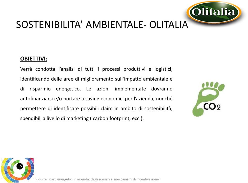 Le azioni implementate dovranno autofinanziarsi e/o portare a saving economici per l azienda, nonché