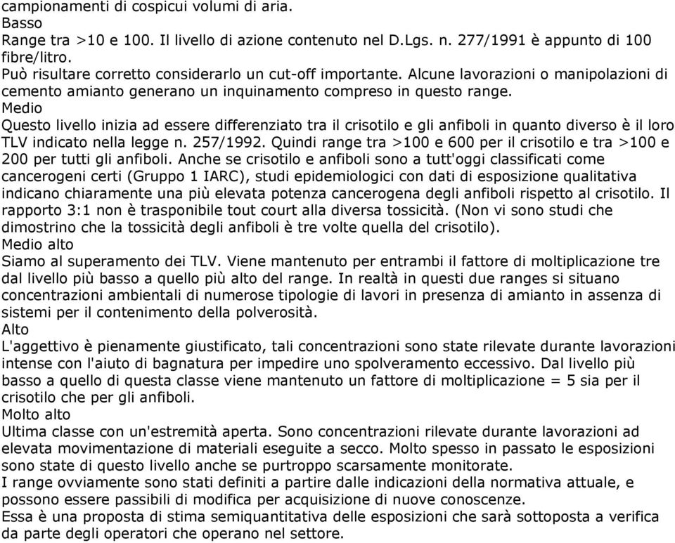 Medio Questo livello inizia ad essere differenziato tra il crisotilo e gli anfiboli in quanto diverso è il loro TLV indicato nella legge n. 257/1992.