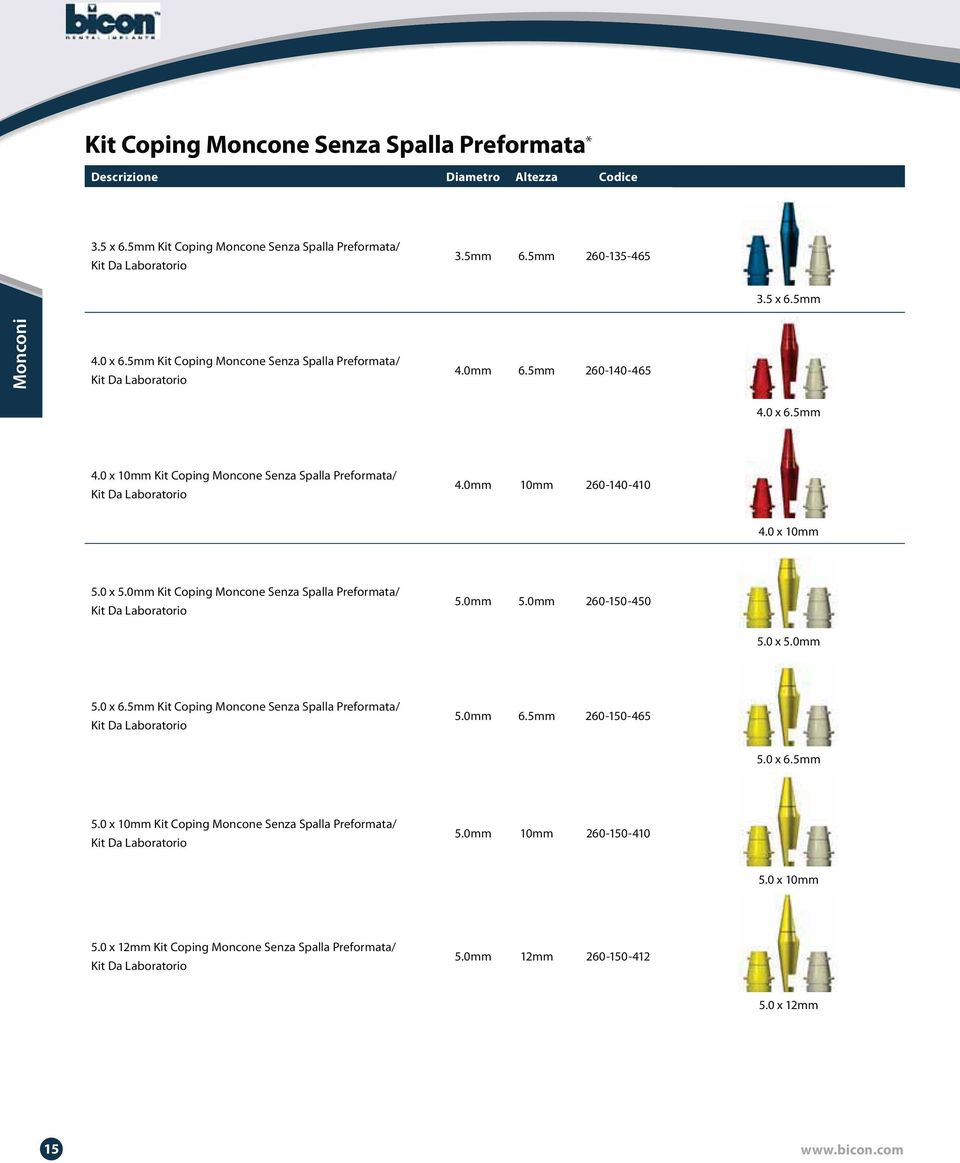 0mm 10mm 260-140-410 4.0 x 10mm 5.0 x 5.0mm Kit Coping Moncone Senza Spalla Preformata/ Kit Da Laboratorio 5.0mm 5.0mm 260-150-450 5.0 x 5.0mm 5.0 x 6.