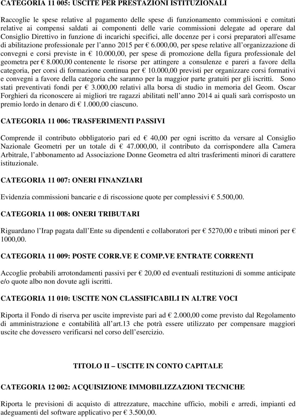 000,00, per spese relative all organizzazione di convegni e corsi previste in 10.000,00, per spese di promozione della figura professionale del geometra per 8.