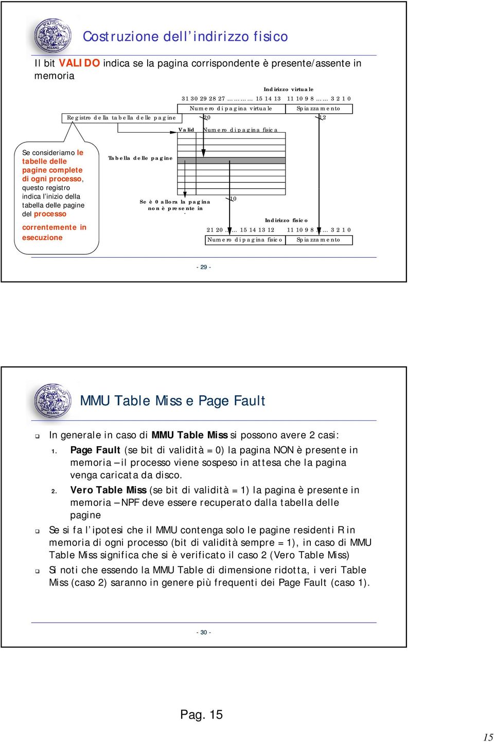 tabella delle pagine del processo correntemente in esecuzione Tabella delle p agine 10 Se è 0 allora la pagina non è presente in i Indirizzo fisico 21 20 15 14 13 12 11 10 9 8 3 2 1 0 Numero di