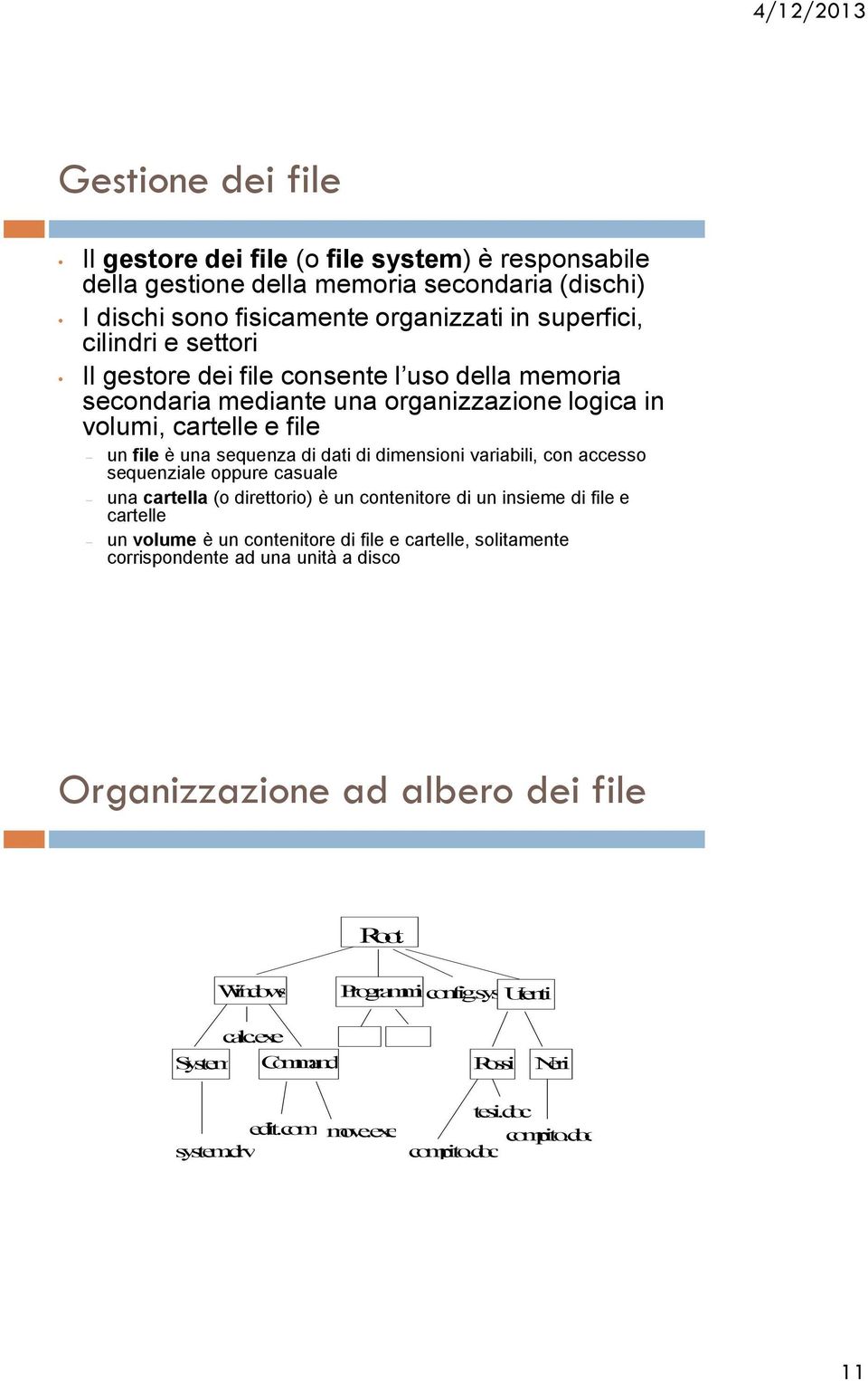 sequenziale oppure casuale una cartella (o direttorio) è un contenitore di un insieme di file e cartelle un volume è un contenitore di file e cartelle, solitamente corrispondente ad una