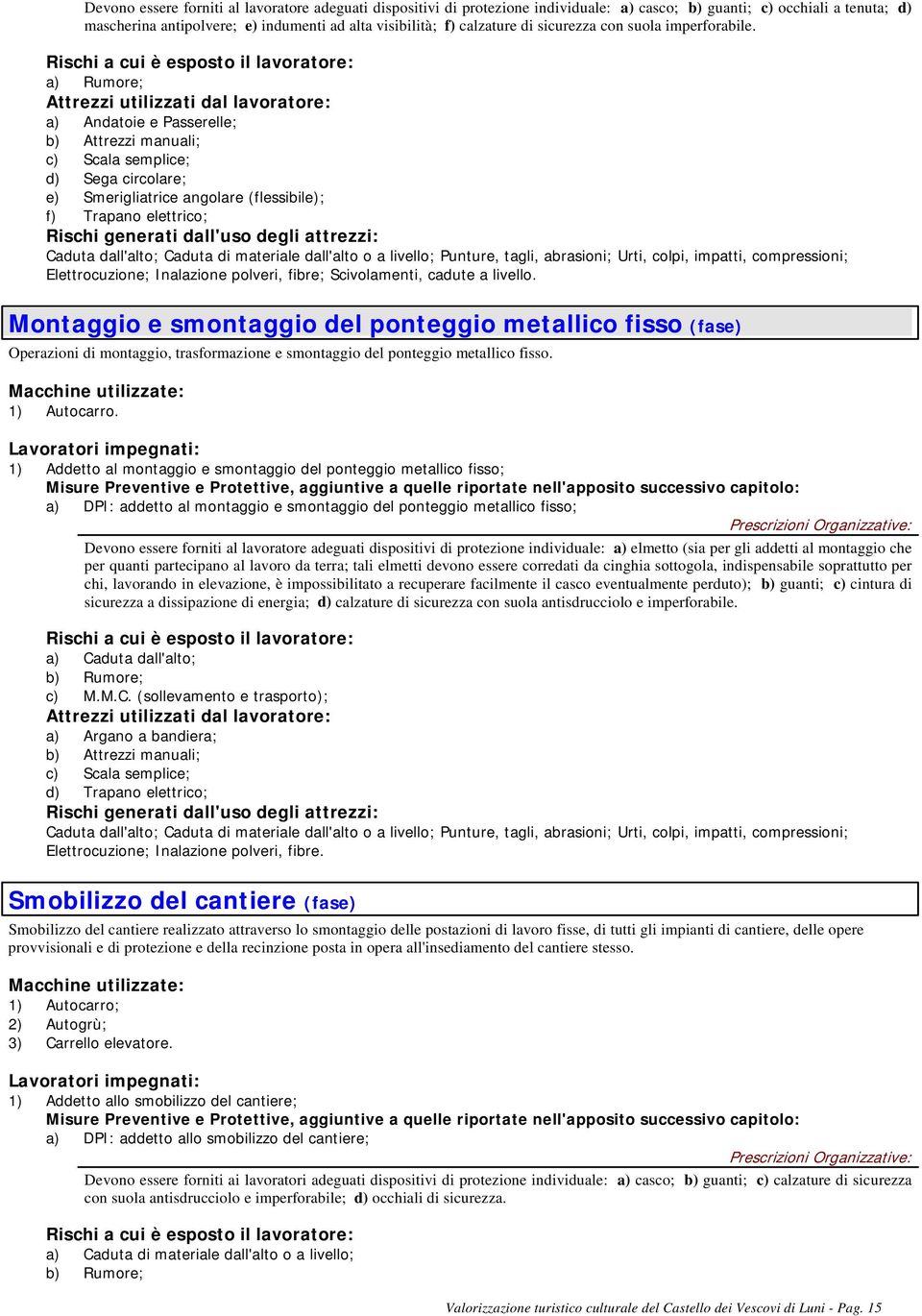 Rischi a cui è esposto il lavoratore: a) Rumore; Attrezzi utilizzati dal lavoratore: a) Andatoie e Passerelle; b) Attrezzi manuali; c) Scala semplice; d) Sega circolare; e) Smerigliatrice angolare