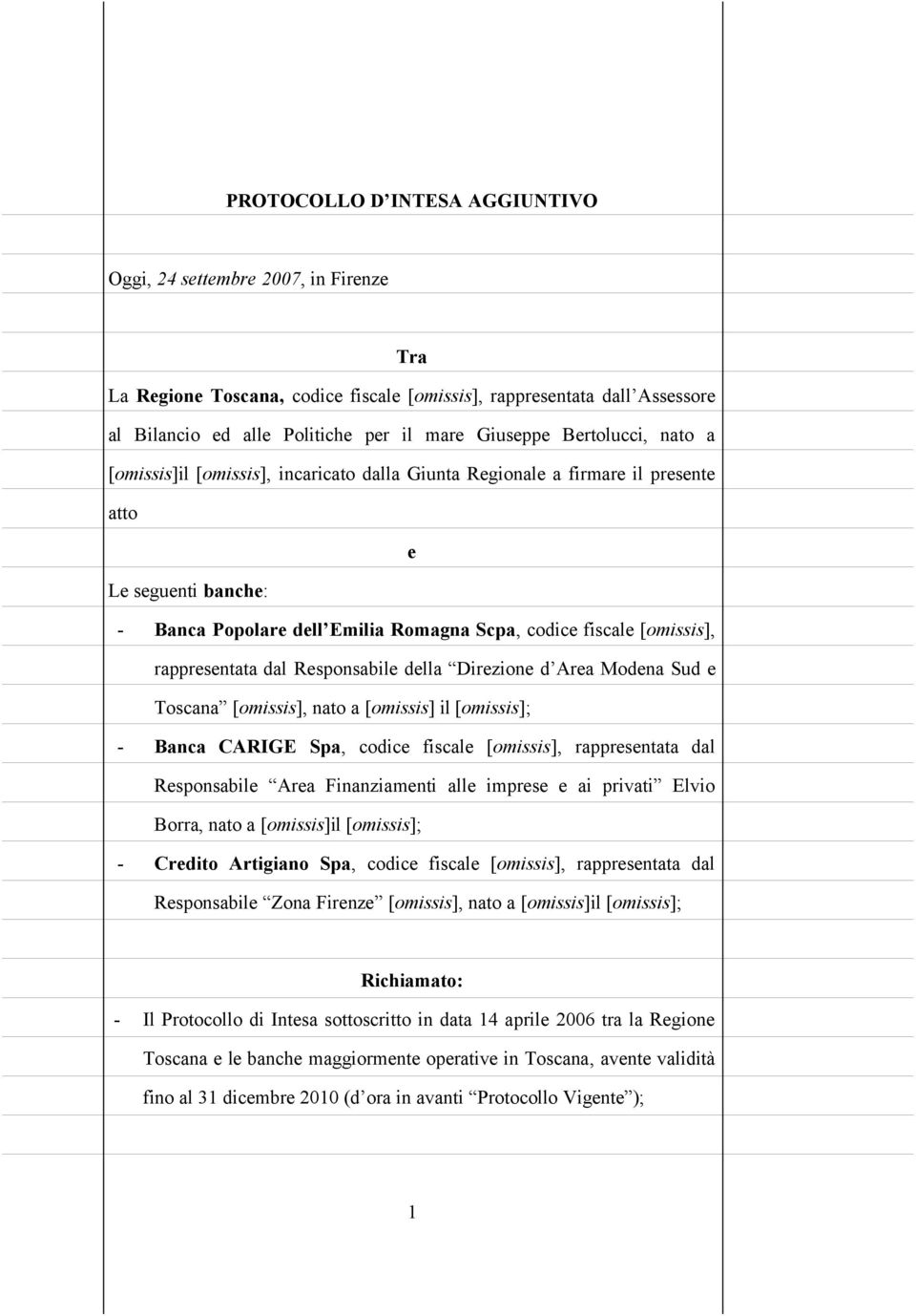 rappresentata dal Responsabile della Direzione d Area Modena Sud e Toscana [omissis], nato a [omissis] il [omissis]; - Banca CARIGE Spa, codice fiscale [omissis], rappresentata dal Responsabile Area