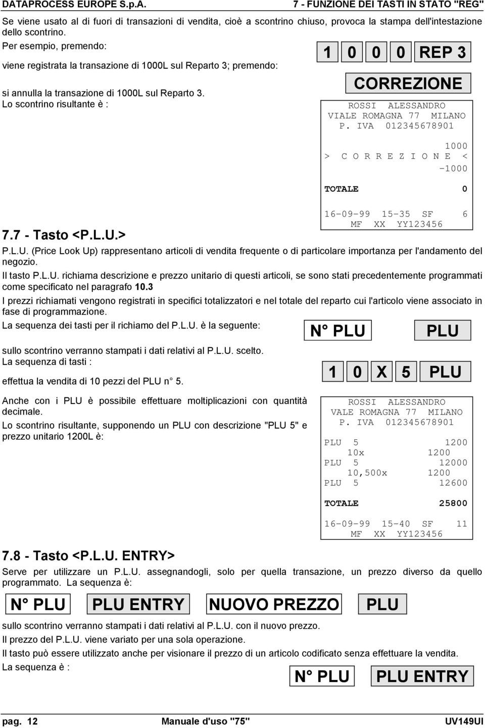 Lo scontrino risultante è : 1 0 0 0 REP 3 CORREZIONE ROSSI ALESSANDRO VIALE ROMAGNA 77 MILANO P. IVA 012345678901 1000 > C O R R E Z I O N E < -1000 TOTALE 0 7.7 - Tasto <P.L.U.