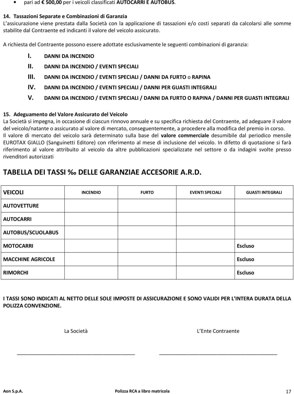 indicanti il valore del veicolo assicurato. A richiesta del Contraente possono essere adottate esclusivamente le seguenti combinazioni di garanzia: I. DANNI DA INCENDIO II. III. IV.