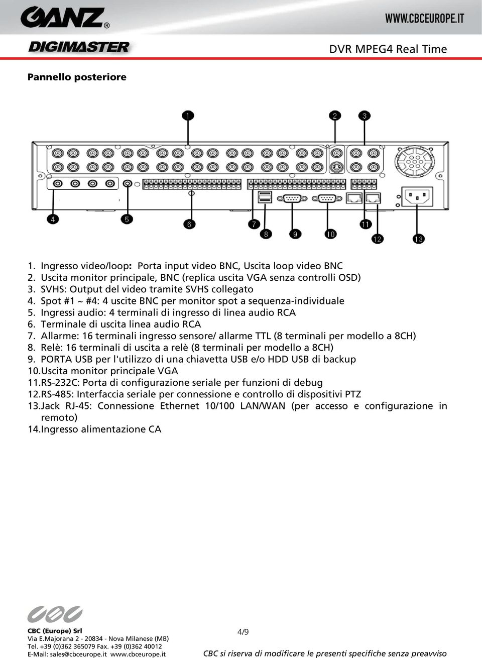 Terminale di uscita linea audio RCA 7. Allarme: 16 terminali ingresso sensore/ allarme TTL (8 terminali per modello a 8CH) 8. Relè: 16 terminali di uscita a relè (8 terminali per modello a 8CH) 9.