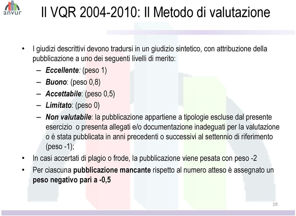 esercizio o presenta allegati e/o documentazione inadeguati per la valutazione o è stata pubblicata in anni precedenti o successivi al settennio di riferimento (peso -1); In