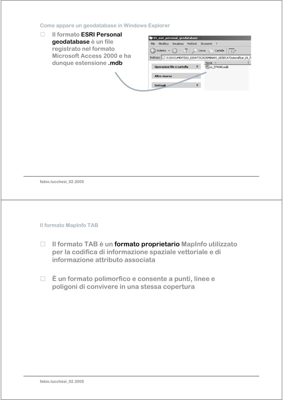 mdb Il formato MapInfo TAB Il formato TAB è un formato proprietario MapInfo utilizzato per la codifica di