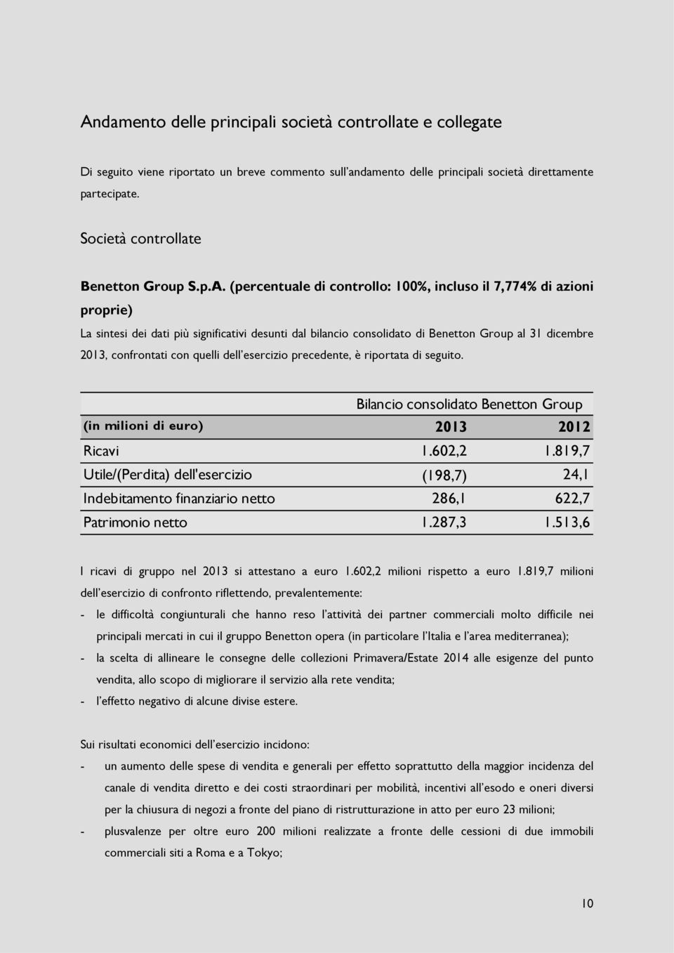 (percentuale di controllo: 100%, incluso il 7,774% di azioni proprie) La sintesi dei dati più significativi desunti dal bilancio consolidato di Benetton Group al 31 dicembre 2013, confrontati con