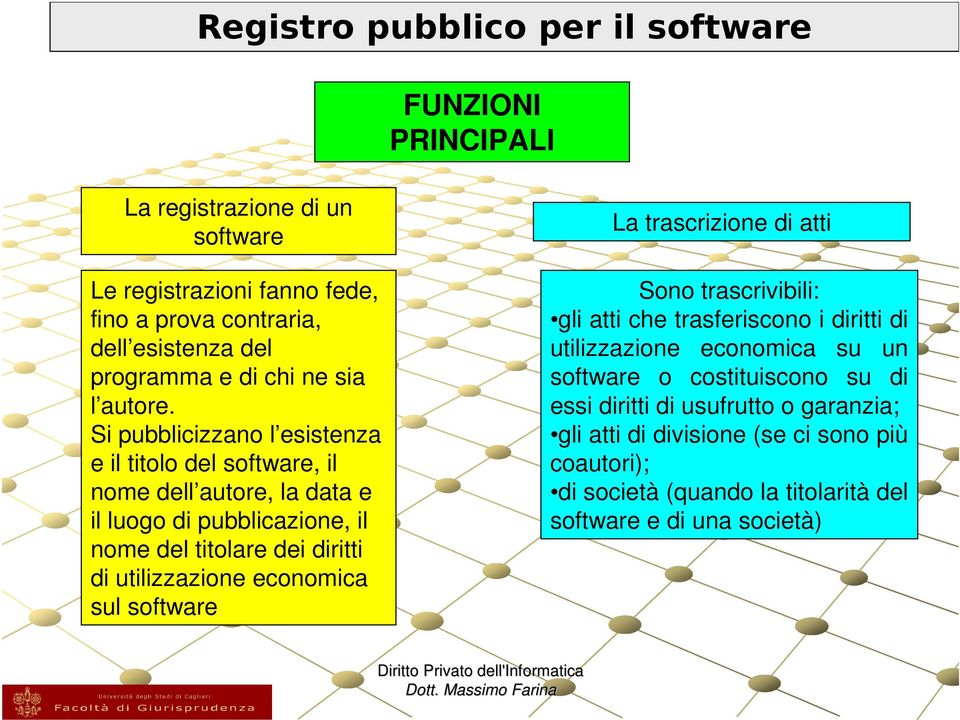 Si pubblicizzano l esistenza e il titolo del software, il nome dell autore, la data e il luogo di pubblicazione, il nome del titolare dei diritti di utilizzazione