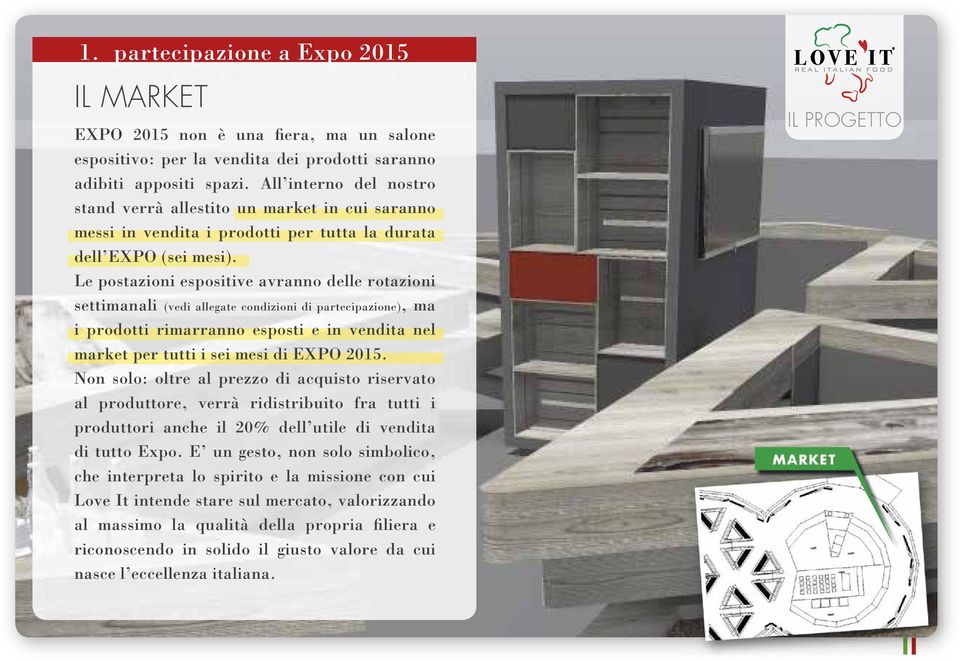 Le postazioni espositive avranno delle rotazioni settimanali (vedi allegate condizioni di partecipazione), ma i prodotti rimarranno esposti e in vendita nel market per tutti i sei mesi di EXPO 2015.