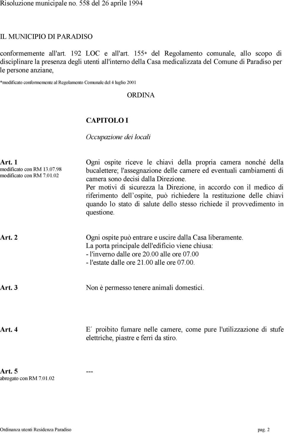 Regolamento Comunale del 4 luglio 2001 