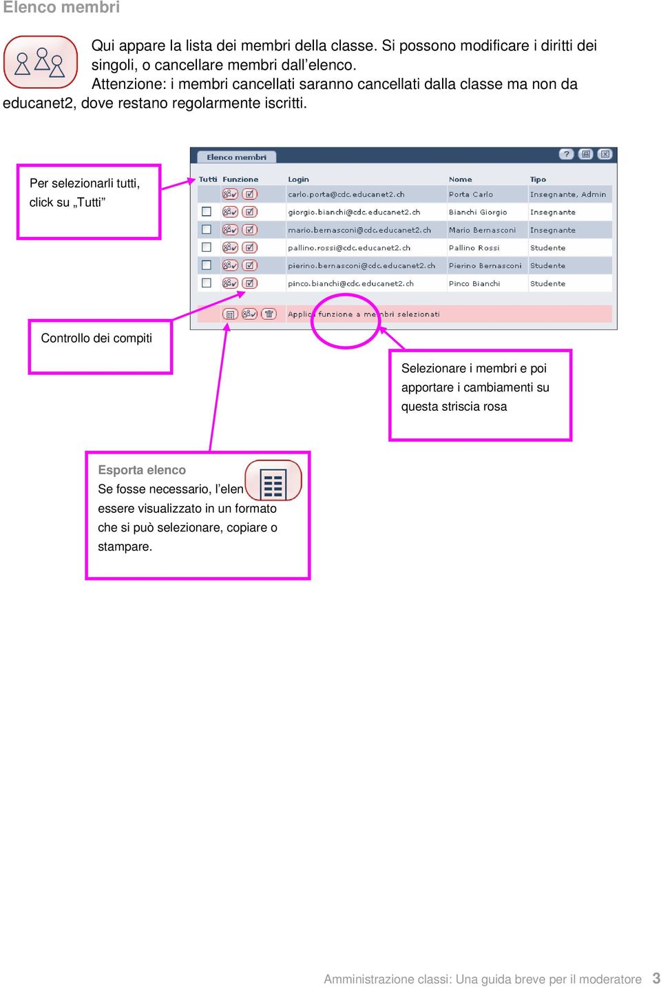 Per selezionarli tutti, click su Tutti Controllo dei compiti Selezionare i membri e poi apportare i cambiamenti su questa striscia rosa Esporta