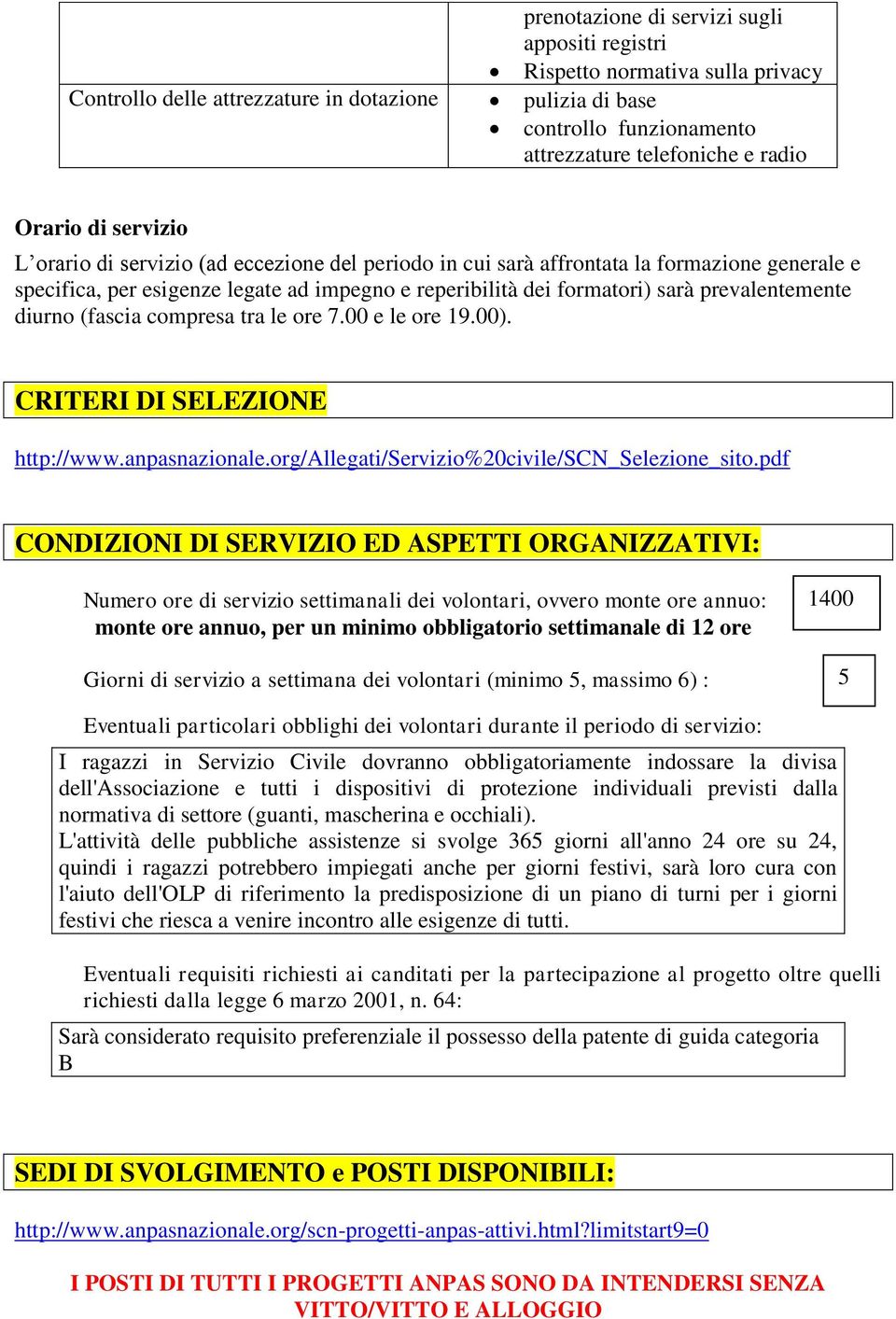 prevalentemente diurno (fascia compresa tra le ore 7.00 e le ore 19.00). CRITERI DI SELEZIONE http://www.anpasnazionale.org/allegati/servizio%20civile/scn_selezione_sito.