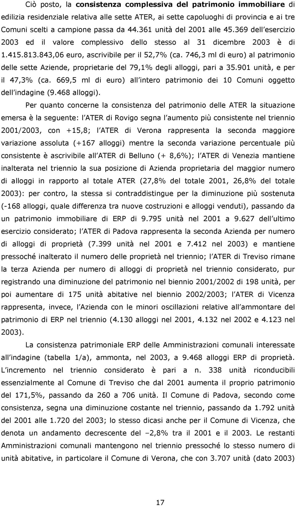 746,3 ml di euro) al patrimonio delle sette Aziende, proprietarie del 79,1% degli alloggi, pari a 35.901 unità, e per il 47,3% (ca.