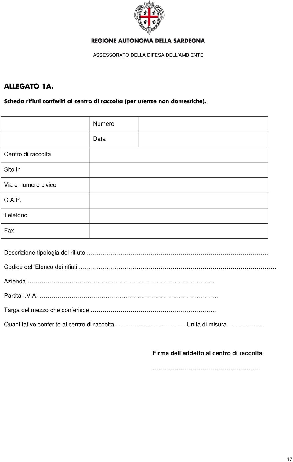 Telefono Fax Descrizione tipologia del rifiuto. Codice dell Elenco dei rifiuti Azienda. Partita I.