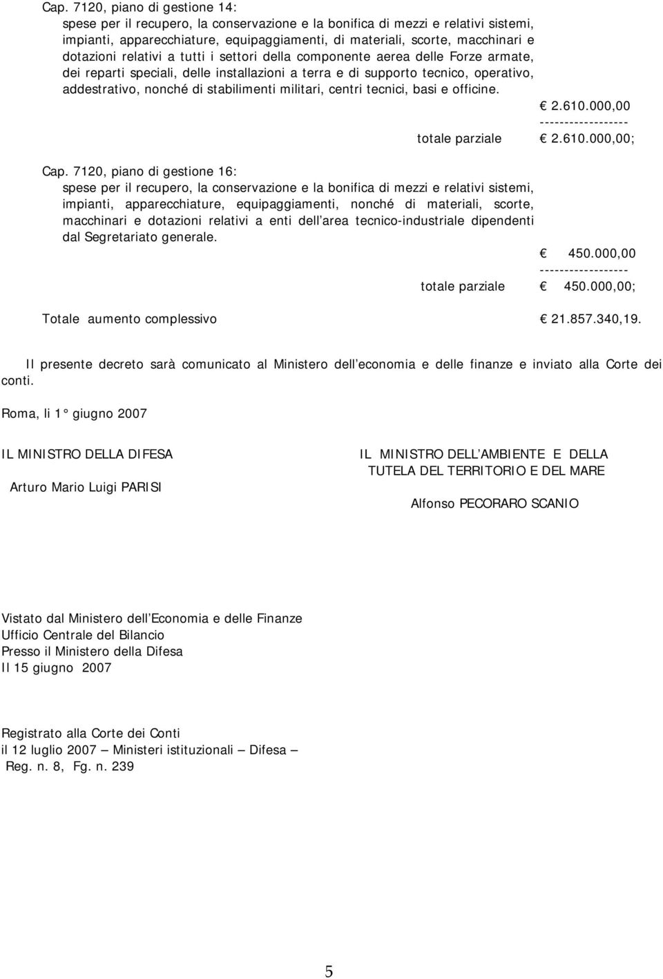 7120, piano di gestione 16: impianti, apparecchiature, equipaggiamenti, nonché di materiali, scorte, macchinari e dotazioni relativi a enti dell area tecnico-industriale dipendenti dal Segretariato