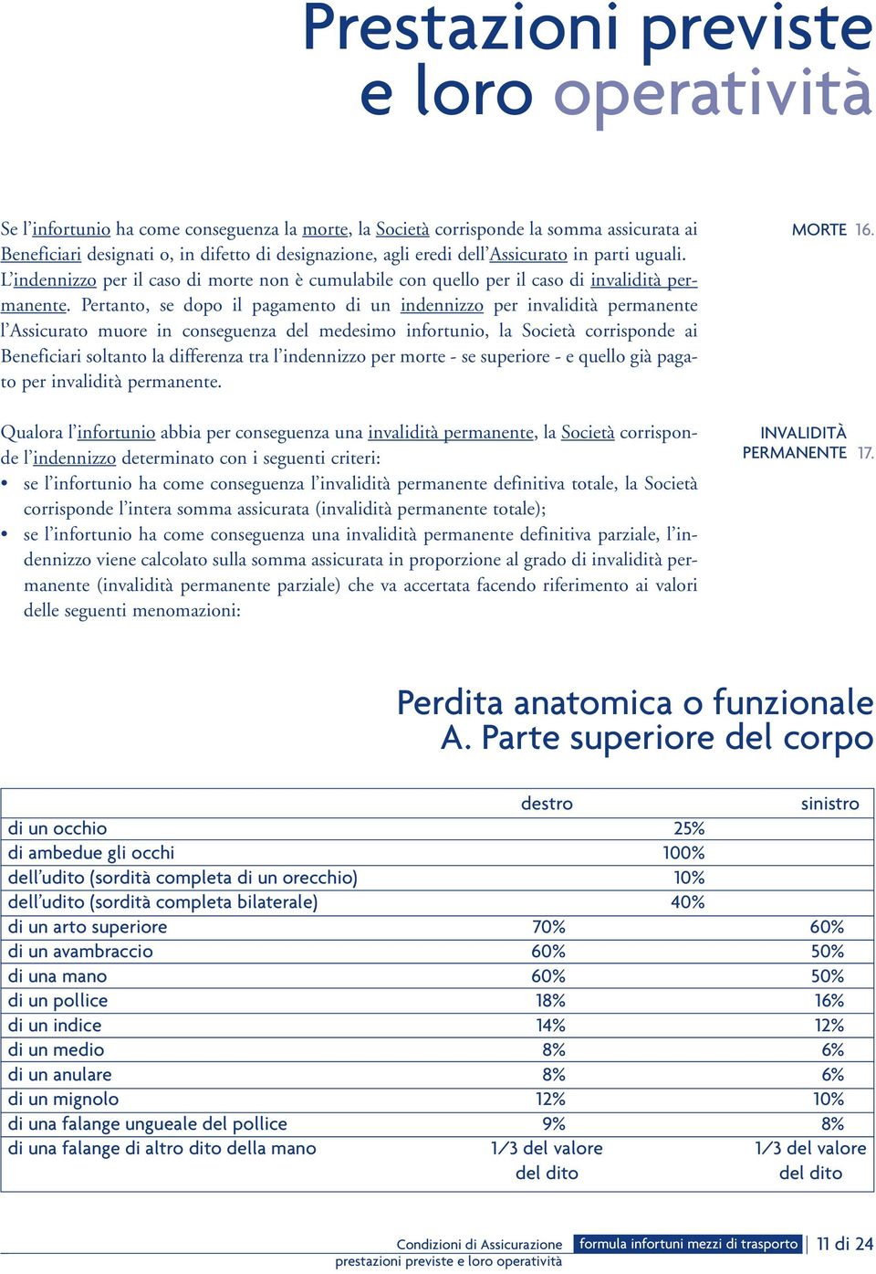 Pertanto, se dopo il pagamento di un indennizzo per invalidità permanente l Assicurato muore in conseguenza del medesimo infortunio, la Società corrisponde ai Beneficiari soltanto la differenza tra l