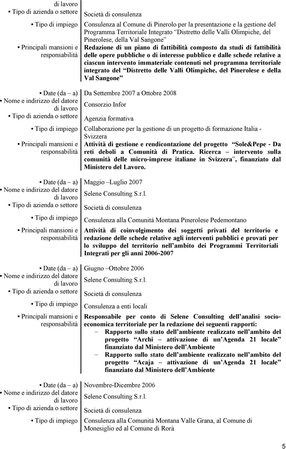 delle Valli Olimpiche, del Pinerolese e della Val Sangone Date (da a) Da Settembre 2007 a Ottobre 2008 Consorzio Infor Tipo di azienda o settore Agenzia formativa Tipo di impiego Collaborazione per